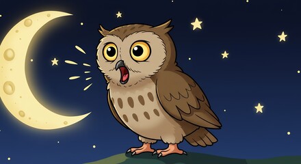 Cartoon owl hooting at night with crescent moon and stars