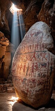 Ancient rock carvings illuminated by sunlight shaft in cave
