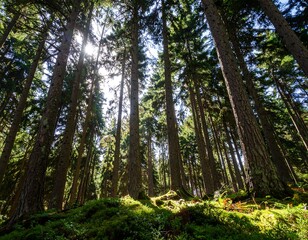 Sunlight filtering through tall forest trees