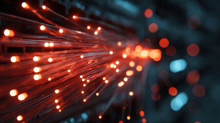 Obraz premium Elegant photo of fiber optic cables glowing, transferring data inside computer server. Neon lights, tech background. Digital communication, high-speed data transfer, internet.