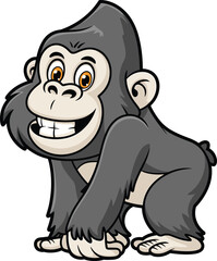 Smiling cartoon gorilla, vector illustration, friendly ape character, gray fur animal, wildlife mascot, jungle theme, comic style, educational design