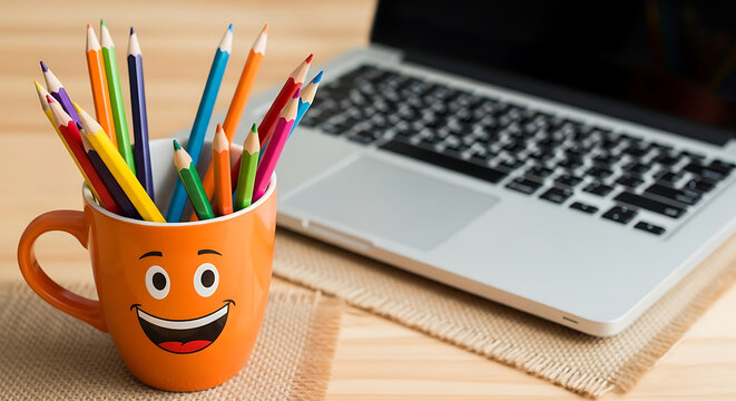 Colorful pencils in a smiling mug next to a laptop, capturing creative work and learning