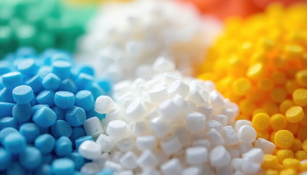 Close-up of vibrant, uniform acrylonitrile butadiene styrene plastic granules. Various colors including blue, white, green, yellow showcase clean, textured surface. Perfect for material science,