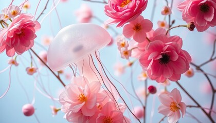 Beautiful pink cherry blossom flowers with jellyfish against blue sky
