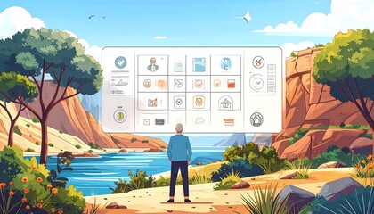 Man views digital dashboard in nature