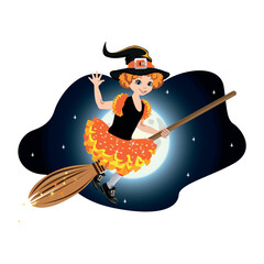 Happy girl in a witch costume sits on a broom against the background of the moon. Happy Halloween to children. Vector illustration on a white background.