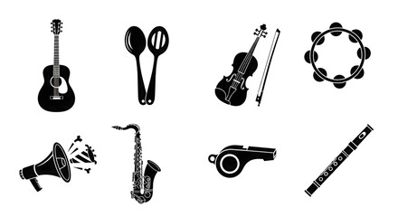 Collection of musical instrument icons isolated on transparent background