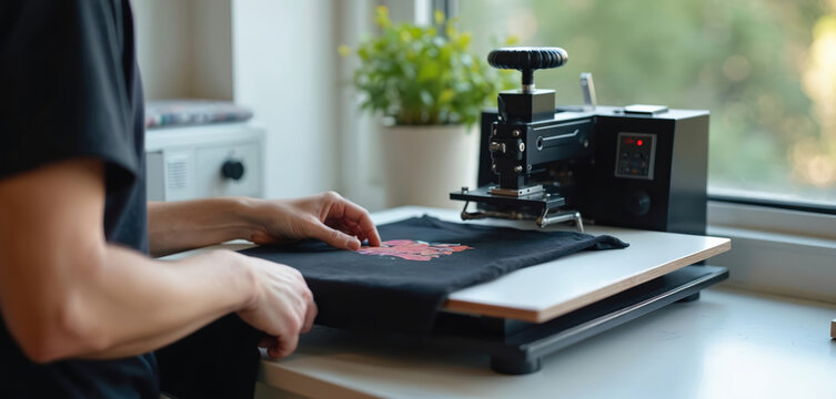 Professional desktop heat press machine applies graphic design onto black t-shirt. Modern digital equipment for heat transfer printing custom apparel in workshop. Business, manufacturing, textile