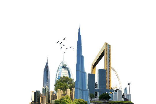 Dubai city on hand 3d concept background. amazing city at sunrise, United Arab Emirates.