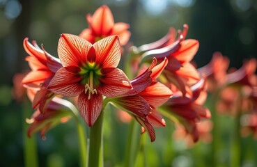 Fototapeta premium Striking red, white striped hippeastrum papilio flowers, also known as butterfly amaryllis, bloom in garden. Vibrant bulbs display intricate petal patterns with delicate, star-like shape, evoking