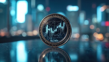 Digital crypto trading chart visualization in modern office. Dynamic financial data, statistics, and trends presented on a screen. Business concept for investment, profit, and economic growth.
