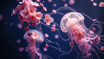 Beautiful pink cherry blossom jellyfish scene in deep ocean depths