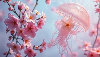 Beautiful pink cherry blossoms with jellyfish and umbrella