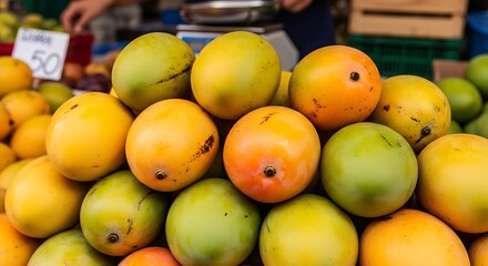 Ripe mangoes at market stall.