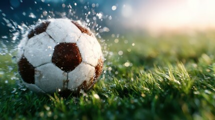 This dynamic image features a close-up of a soccer ball splashing through water, capturing the energy and motion associated with sports, evoking excitement and passion for the game.