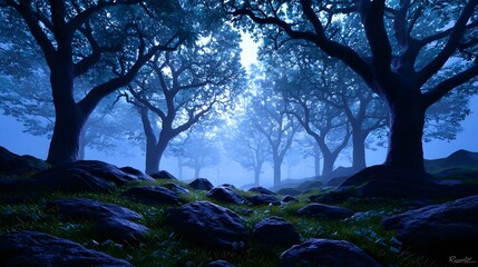 Fototapeta premium A serene and mystical forest scene with towering trees, lush moss-covered rocks, and a mysterious atmosphere created by the foggy, gloomy lighting