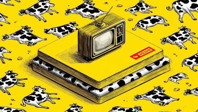 Retro TV on a stack of cow-print cushions, surrounded by cows