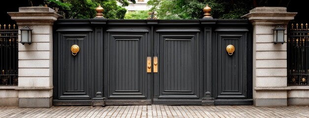 Elegant wrought iron gates set against lush greenery create an inviting entrance to a luxurious property in an upscale neighborhood