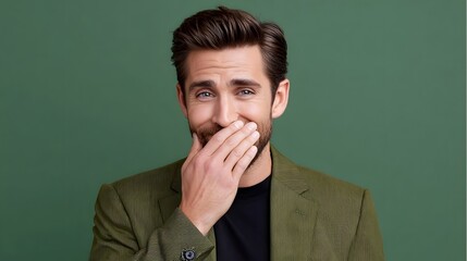 A confident, young businessman with a beard smiles while wearing a stylish green suit and posing against a plain green background.