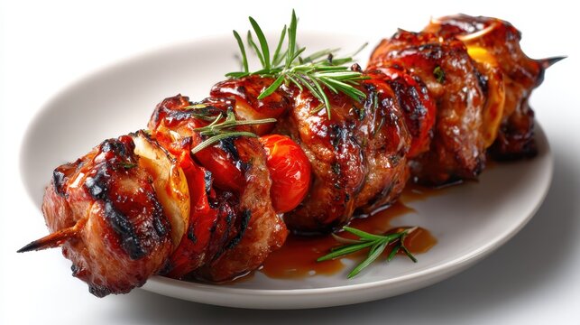 A plate of visually appealing grilled meat skewers, adorned with fresh vegetables and aromatic herbs, elegantly presented as a delicious focal point for a gourmet dining experience.