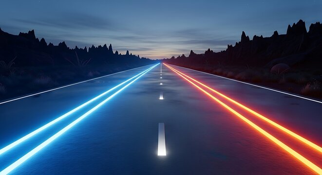 Neon illuminated journey through vast landscapes at night in two ways