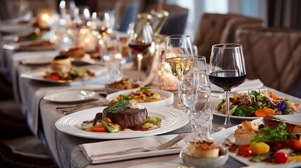 Fototapeta premium Five course French fine dining meal elegantly arranged on a long banquet table luxury hotel restaurant setting