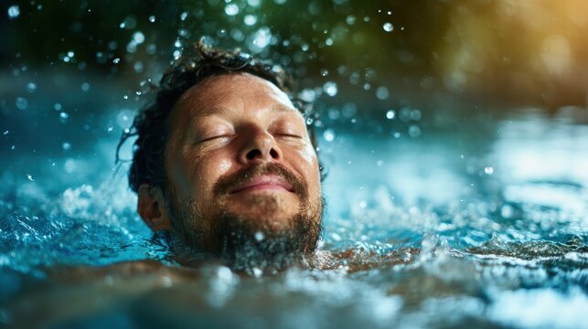 A serene scene capturing a man enjoying a peaceful moment in the water, eyes closed in relaxation, representing tranquility and the joy of connection with nature.