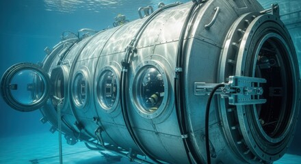 Side view of a hyperbaric welding habitat mockup equipped with viewing ports and access seals for underwater pipeline welding practice.