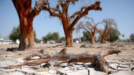 Dry landscape shows cracked earth and barren trees under clear blue sky during a drought in an affected area