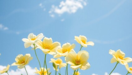 Beautiful yellow poppies blooming under a clear blue sky