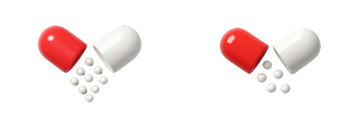Open red and white medical capsule with small white spherical beads spilling out, symbolizing pharmaceutical dosage and health treatment