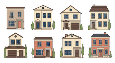 Naklejka premium Collection of eight diverse pixel art style residential buildings and houses