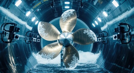 Energysaving shipping propeller under intensive cavitation tunnel testing optimizing blade geometry to minimize noise and vibration.