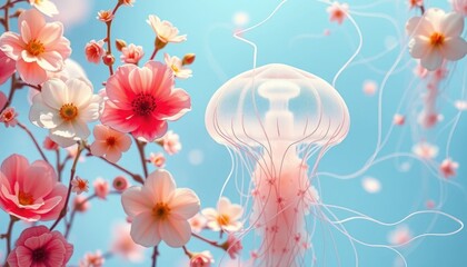 Bioluminescent Jellyfish Among Cherry Blossoms in Serenity Scene