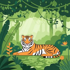 Majestic Tiger in Lush Jungle.