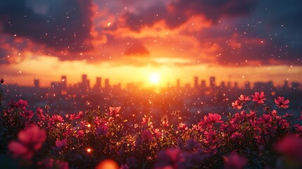 A vibrant sunset over a city skyline with blooming flowers and glowing particles