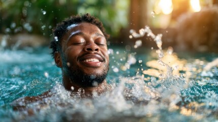 A man smiling as he enjoys swimming in a tropical pool, surrounded by greenery and sunlight, capturing the essence of happiness and relaxation in nature.