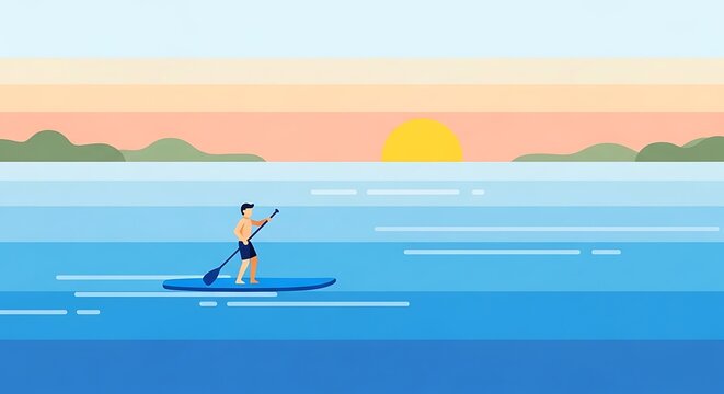 Man Paddleboarding Sunset Lake. - Powered by Adobe