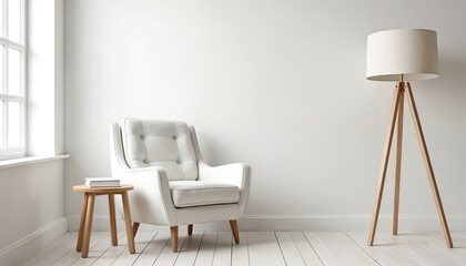Minimalist interior scene with white armchair, wooden side table next to window. Floor lamp with wooden legs stands nearby. Bright white walls, wooden floor create clean, modern aesthetic suitable