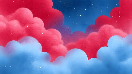 Obraz premium A surreal and enchanting night sky scene featuring vibrant pink clouds against a deep blue backdrop, dotted with twinkling stars that create a whimsical and captivating atmosphere.