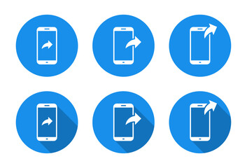 Share icon on phone screen with long shadow. Cellphone with arrow symbol. Send button