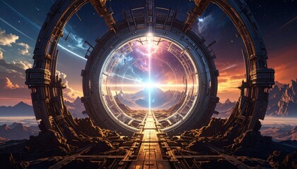 A colossal, metallic portal opens to a breathtaking vista of a different world, featuring a vibrant sunrise and dramatic mountains.