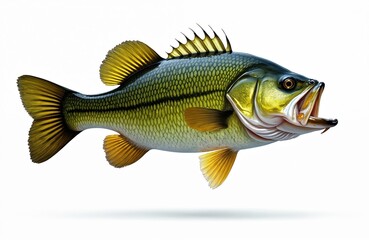Fototapeta premium Detailed illustration of largemouth bass fish, isolated on white background. Features intricate scales, prominent mouth with lure, fins, gills. Aquatic creature freshwater predator, prized angling