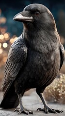 Naklejka premium Majestic black raven perched in natural setting with subtle bokeh background during twilight