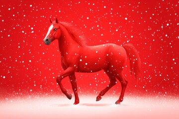 A red horse is walking through a snowy field