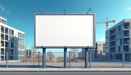 Obraz premium Blank billboard placed at urban construction site with modern buildings and crane. Fenced area indicates development progress. Clear space for outdoor advertising and marketing promotions.