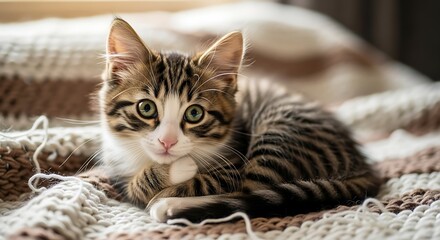 Cute Kitten on Cozy Blanket.