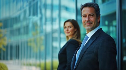 Two business professionals standing in front of a modern glass building.