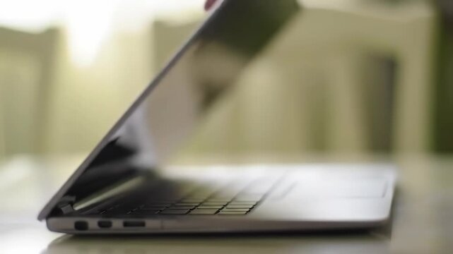 Woman closing laptop computer, female hand shutting screen down, home office gadget usage footage.