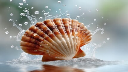 Beautiful scallop shell splashing in clear water during a serene moment, showcasing nature's artistry